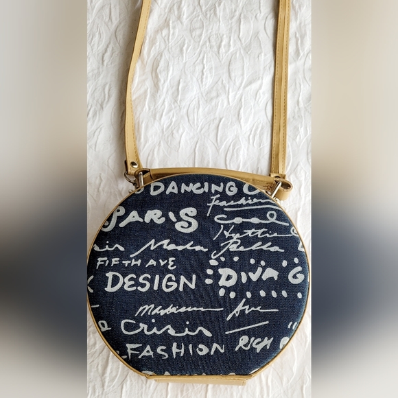 Small Canvas Circle Purse handbag Crossbody Purse With Mirror Blue Beige - Picture 3 of 9